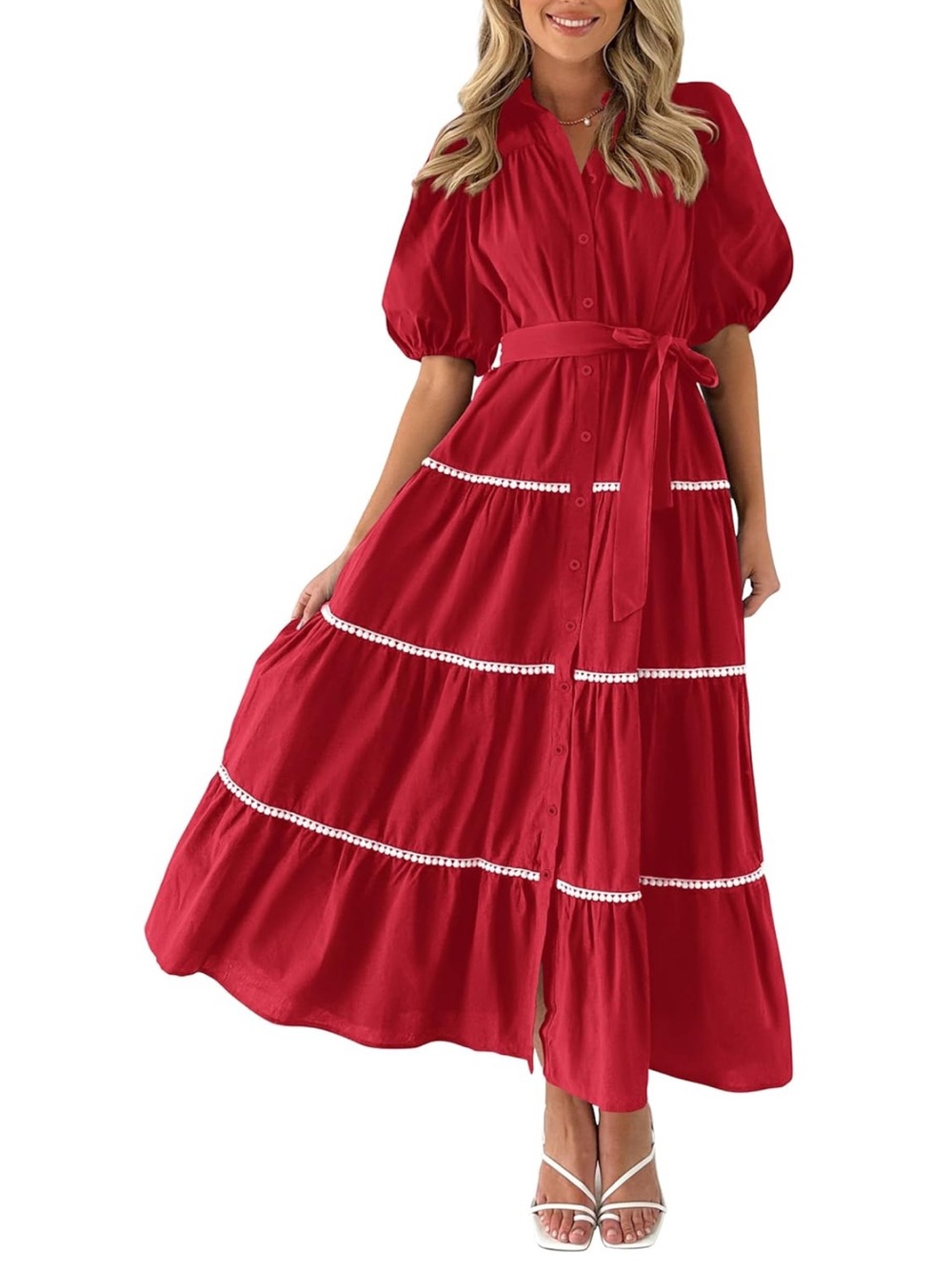 Button-Front Red Maxi Dress with Waist Tie